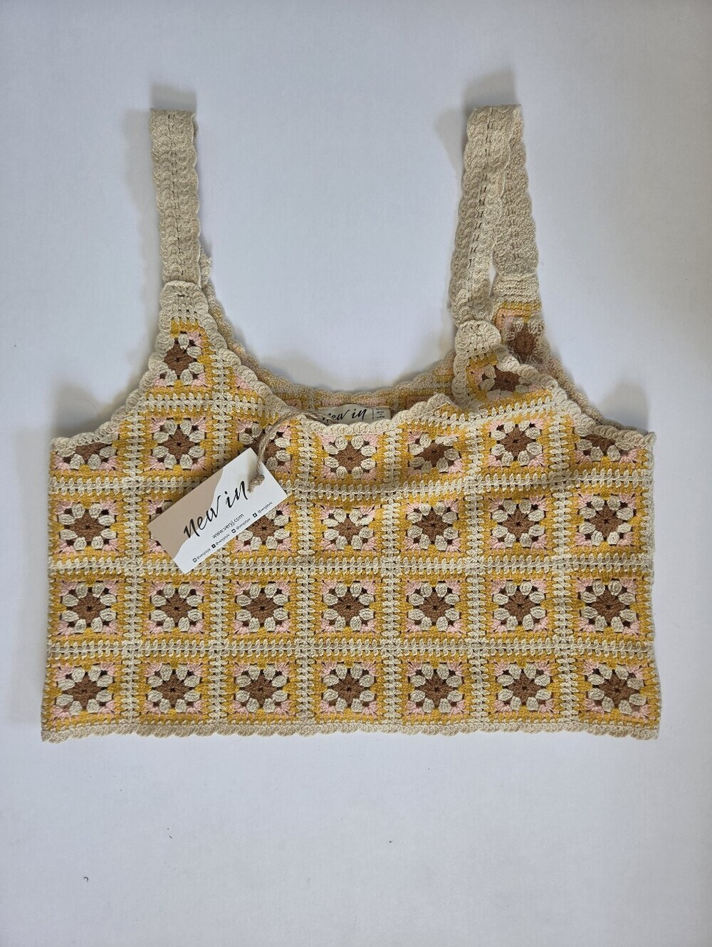 New In crochet granny square crop top multicolor patchwork floral cotton sz S/M